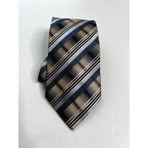 Long Brown, Tan, Blue, and Black Striped Pattern 100% Silk Tie